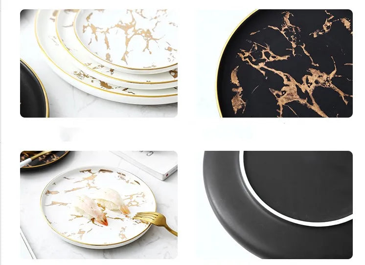 Nordic Salad Plate Golden Inlay Dinner Dish Marble Pattern Steak Plates Home Hotel Ceramic Food Dishes Tray Drop Shipping