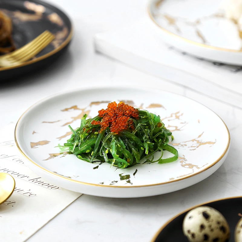 Nordic Salad Plate Golden Inlay Dinner Dish Marble Pattern Steak Plates Home Hotel Ceramic Food Dishes Tray Drop Shipping