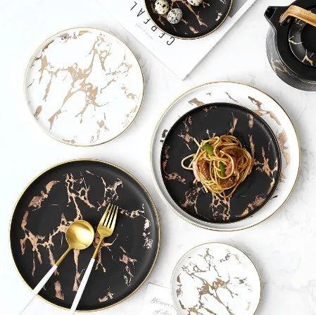 Nordic Salad Plate Golden Inlay Dinner Dish Marble Pattern Steak Plates Home Hotel Ceramic Food Dishes Tray Drop Shipping