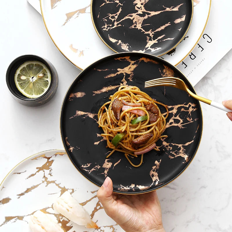 Nordic Salad Plate Golden Inlay Dinner Dish Marble Pattern Steak Plates Home Hotel Ceramic Food Dishes Tray Drop Shipping