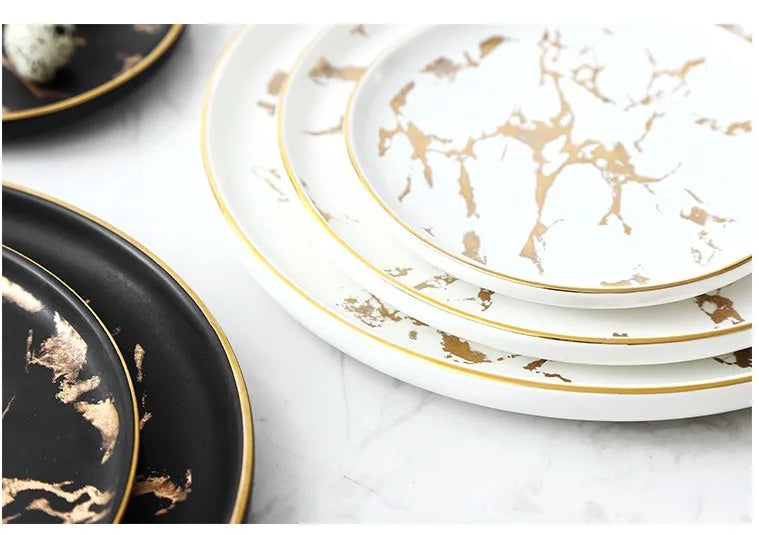Nordic Salad Plate Golden Inlay Dinner Dish Marble Pattern Steak Plates Home Hotel Ceramic Food Dishes Tray Drop Shipping