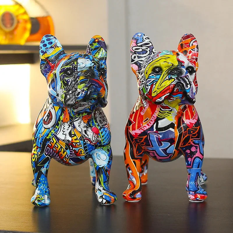 Colorful Standing Graffiti Bulldog Statue, Water Transfer Printing Resin Dog Crafts, Home Wine Cabinet Office Desktop Decoration