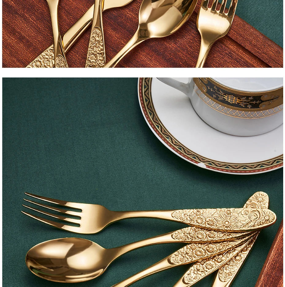 1/3Pieces Gold Cutlery Set Stainless Steel Vintage Western Dinnerware Luxury Tableware Engraving Forks Knive Spoons Sliverware