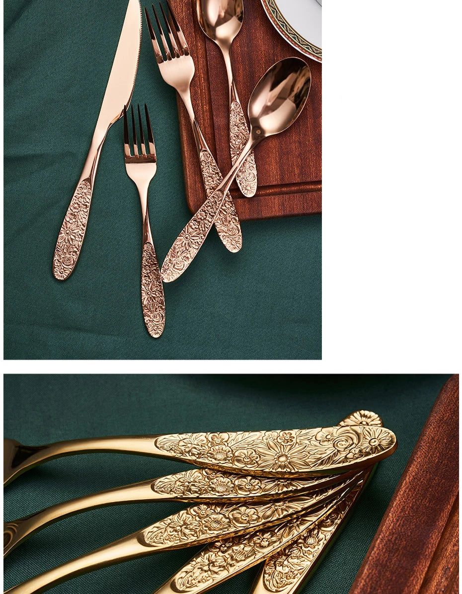 1/3Pieces Gold Cutlery Set Stainless Steel Vintage Western Dinnerware Luxury Tableware Engraving Forks Knive Spoons Sliverware