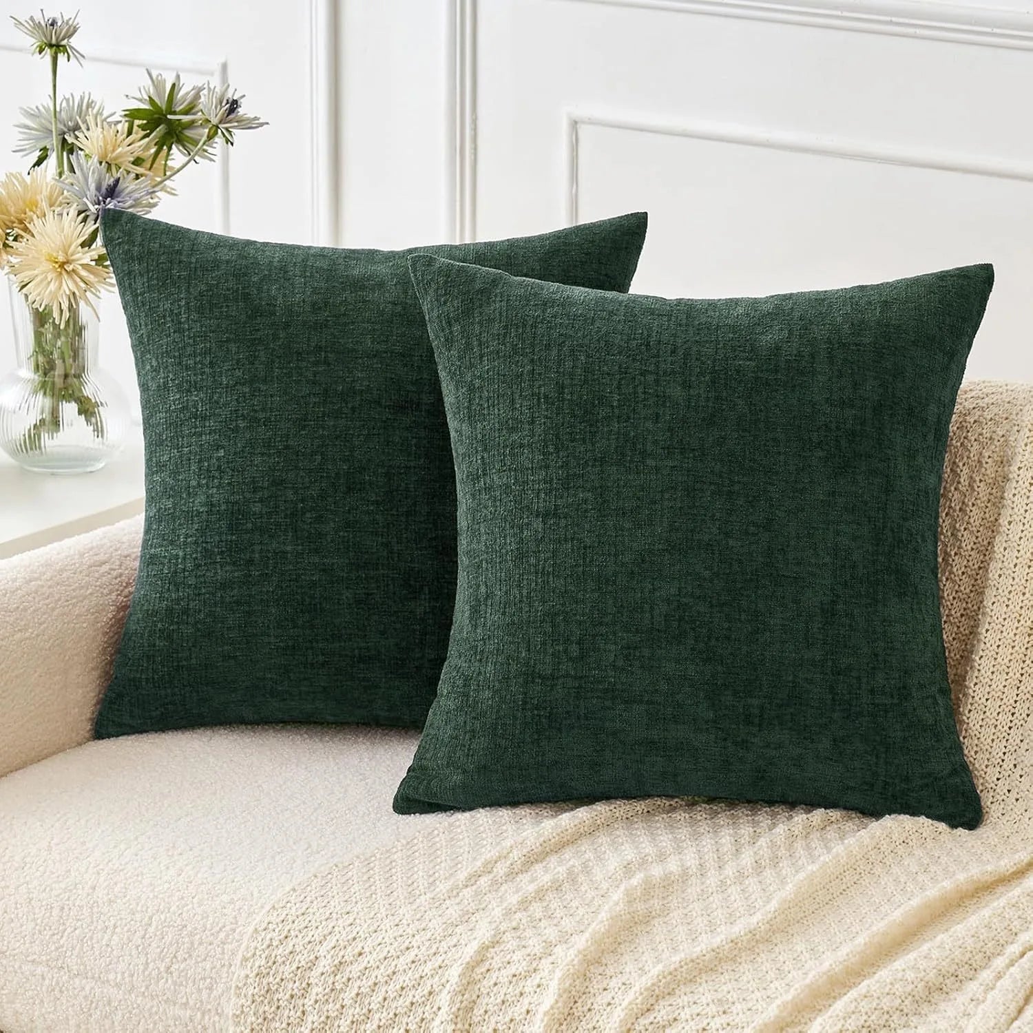 Chenille Throw Pillow Covers Green Soft Solid Cushion Cover for Sofa Living Room Plush Accent Spring Pillowcases for Home Decor