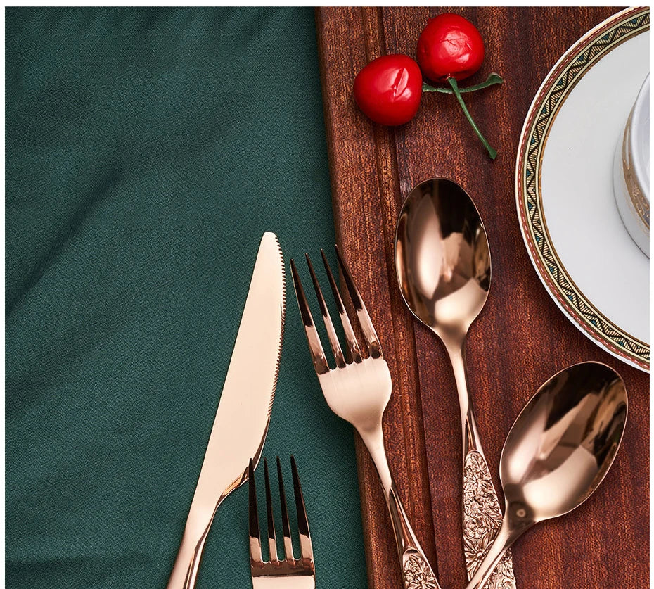 1/3Pieces Gold Cutlery Set Stainless Steel Vintage Western Dinnerware Luxury Tableware Engraving Forks Knive Spoons Sliverware