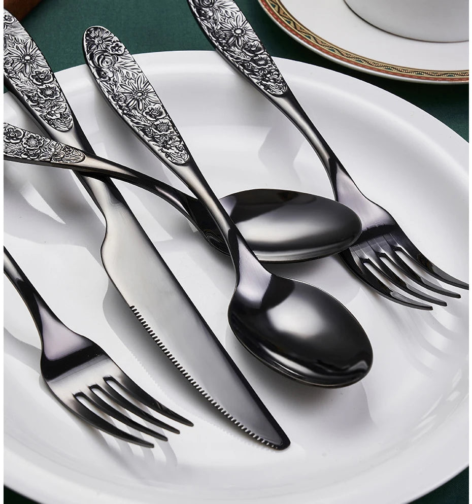 1/3Pieces Gold Cutlery Set Stainless Steel Vintage Western Dinnerware Luxury Tableware Engraving Forks Knive Spoons Sliverware