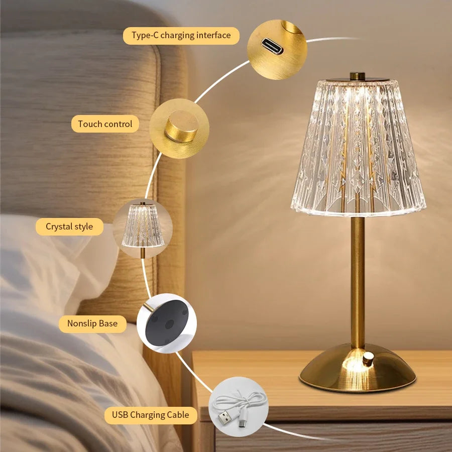 Crystal Led Table Lamp Rechargeable Book Light Night Light for Reading Bedside Bedroom Atmosphere Retro Hotel Bar Decor Dimmable