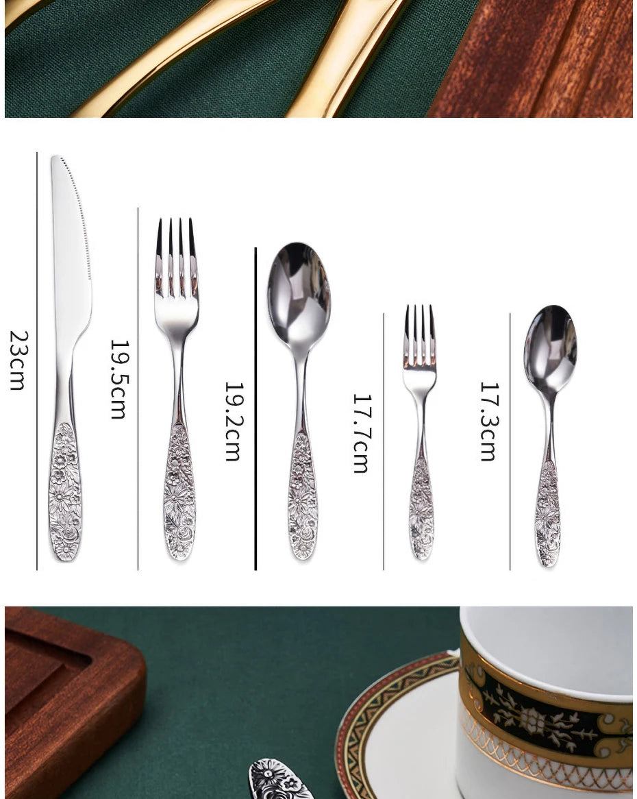 1/3Pieces Gold Cutlery Set Stainless Steel Vintage Western Dinnerware Luxury Tableware Engraving Forks Knive Spoons Sliverware