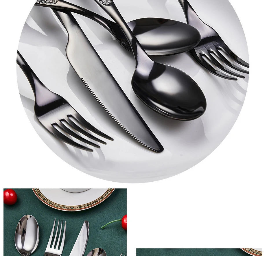 1/3Pieces Gold Cutlery Set Stainless Steel Vintage Western Dinnerware Luxury Tableware Engraving Forks Knive Spoons Sliverware