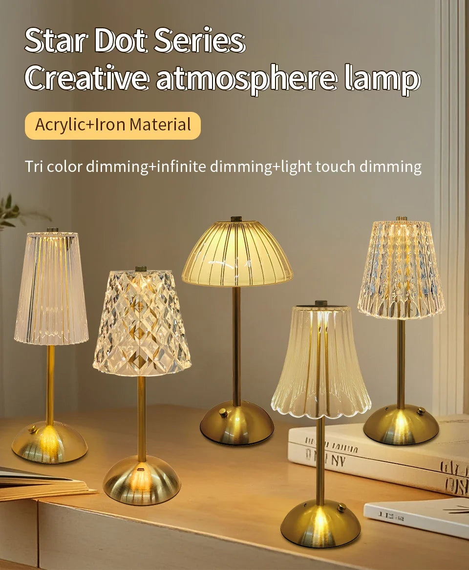 Crystal Led Table Lamp Rechargeable Book Light Night Light for Reading Bedside Bedroom Atmosphere Retro Hotel Bar Decor Dimmable