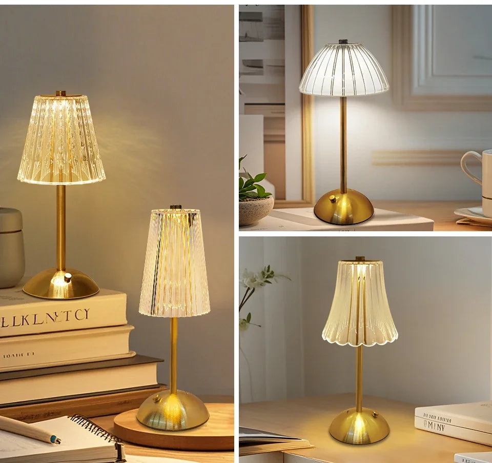 Crystal Led Table Lamp Rechargeable Book Light Night Light for Reading Bedside Bedroom Atmosphere Retro Hotel Bar Decor Dimmable