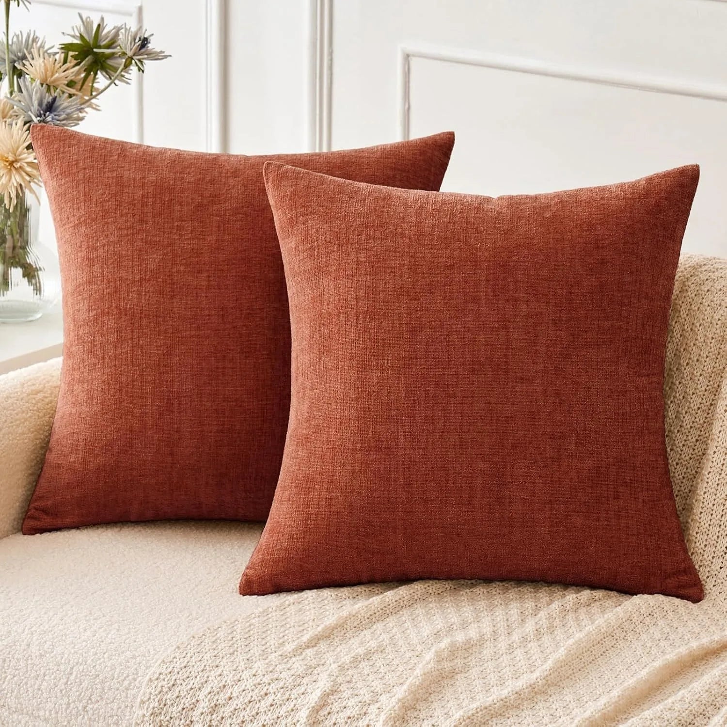 Chenille Throw Pillow Covers Green Soft Solid Cushion Cover for Sofa Living Room Plush Accent Spring Pillowcases for Home Decor
