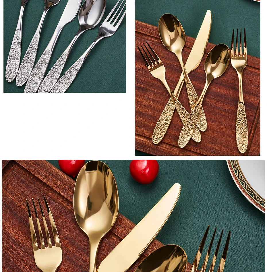1/3Pieces Gold Cutlery Set Stainless Steel Vintage Western Dinnerware Luxury Tableware Engraving Forks Knive Spoons Sliverware