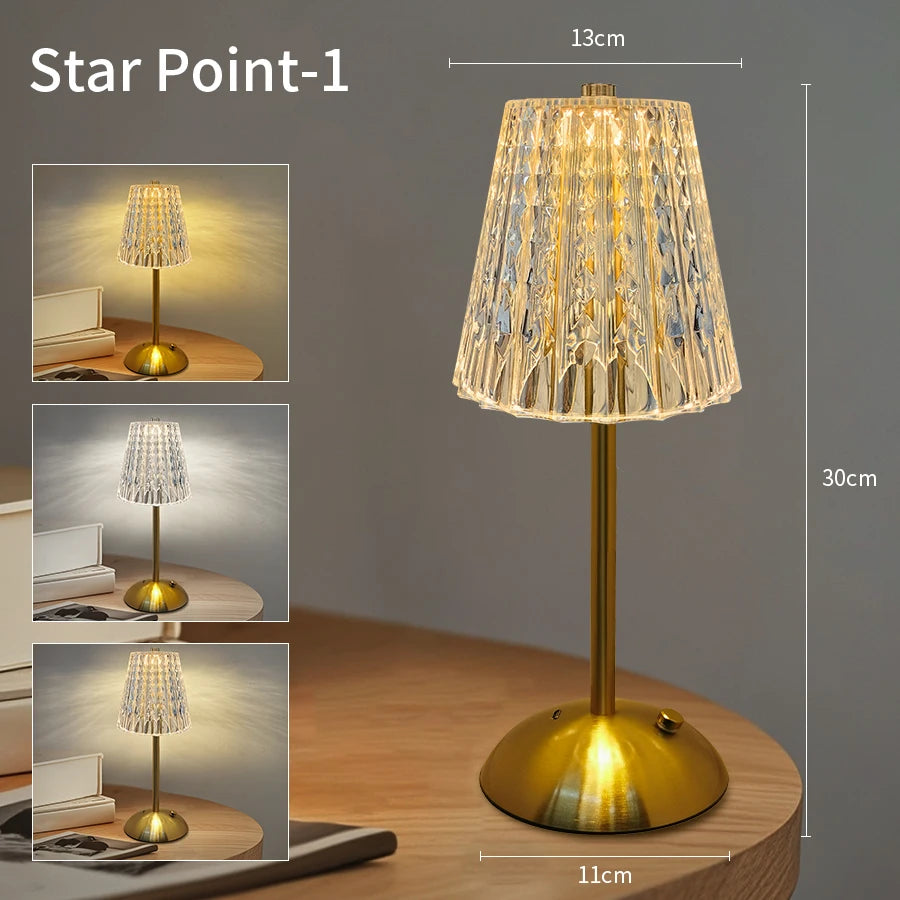 Crystal Led Table Lamp Rechargeable Book Light Night Light for Reading Bedside Bedroom Atmosphere Retro Hotel Bar Decor Dimmable