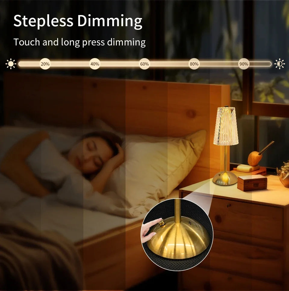 Crystal Led Table Lamp Rechargeable Book Light Night Light for Reading Bedside Bedroom Atmosphere Retro Hotel Bar Decor Dimmable