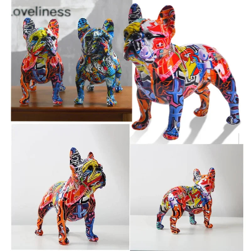 Colorful Standing Graffiti Bulldog Statue, Water Transfer Printing Resin Dog Crafts, Home Wine Cabinet Office Desktop Decoration