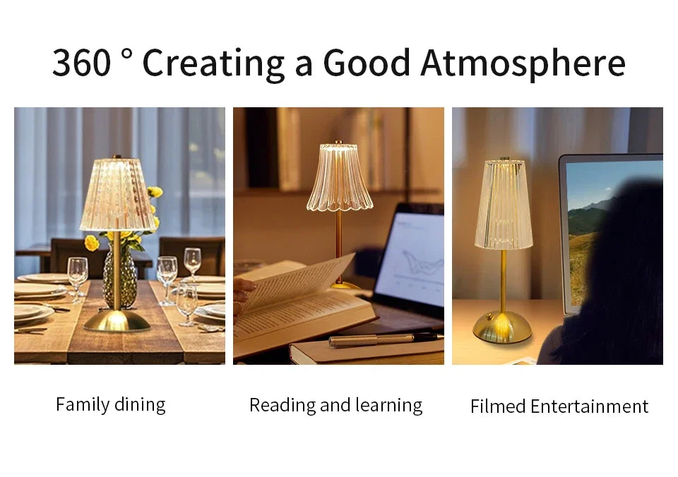 Crystal Led Table Lamp Rechargeable Book Light Night Light for Reading Bedside Bedroom Atmosphere Retro Hotel Bar Decor Dimmable