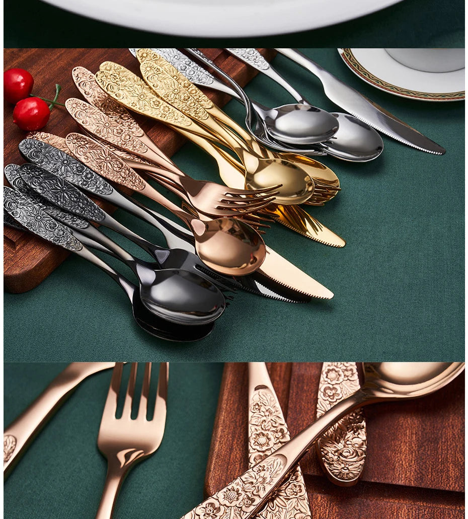 1/3Pieces Gold Cutlery Set Stainless Steel Vintage Western Dinnerware Luxury Tableware Engraving Forks Knive Spoons Sliverware