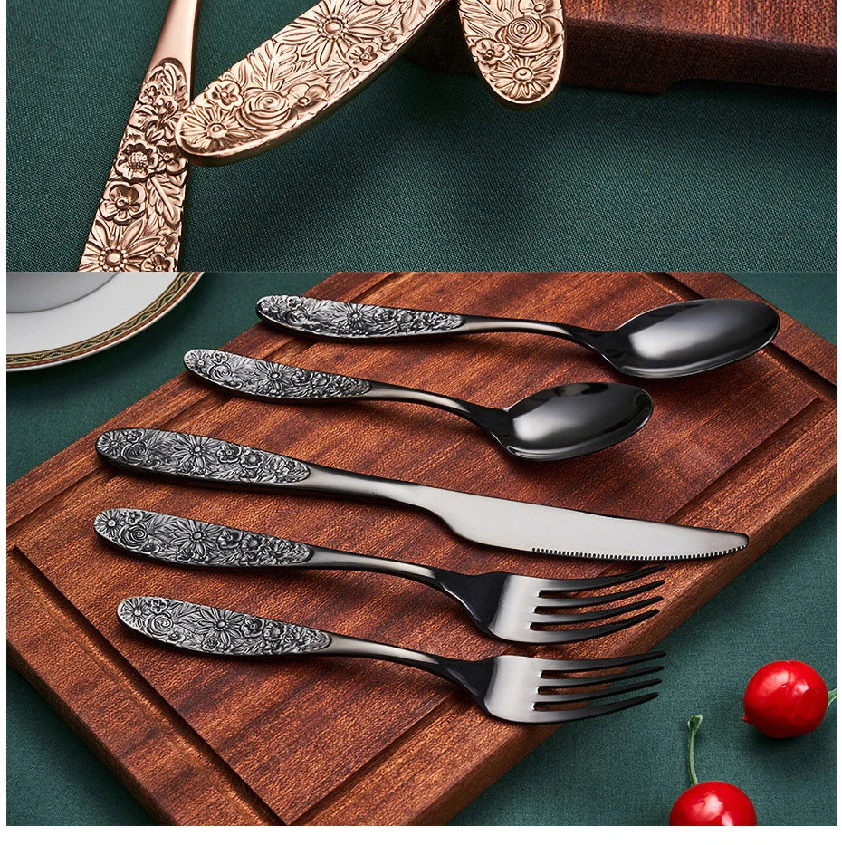 1/3Pieces Gold Cutlery Set Stainless Steel Vintage Western Dinnerware Luxury Tableware Engraving Forks Knive Spoons Sliverware