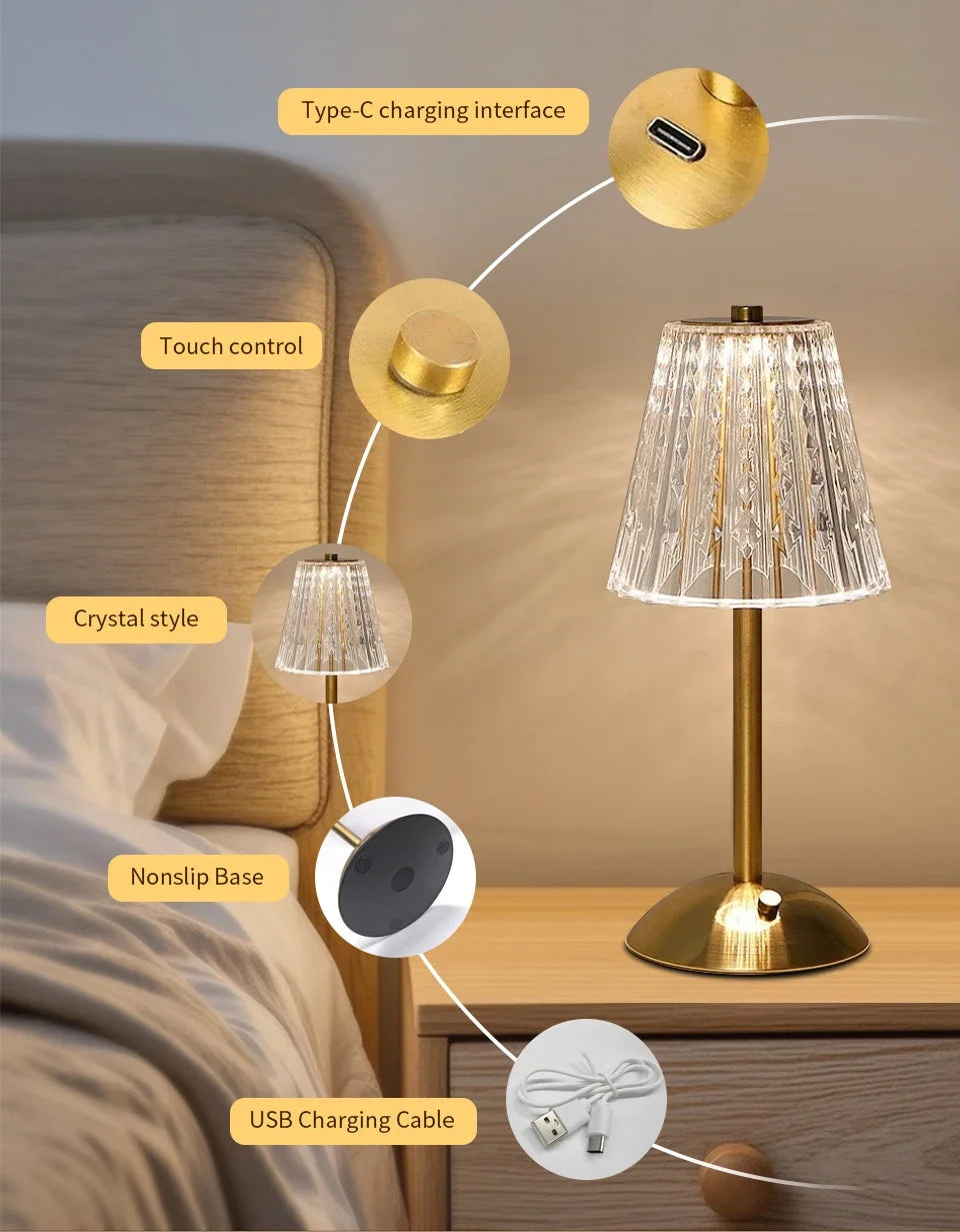Crystal Led Table Lamp Rechargeable Book Light Night Light for Reading Bedside Bedroom Atmosphere Retro Hotel Bar Decor Dimmable
