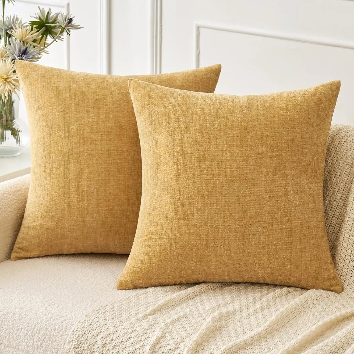 Chenille Throw Pillow Covers Green Soft Solid Cushion Cover for Sofa Living Room Plush Accent Spring Pillowcases for Home Decor