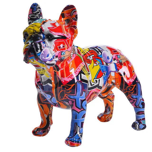 Colorful Standing Graffiti Bulldog Statue, Water Transfer Printing Resin Dog Crafts, Home Wine Cabinet Office Desktop Decoration