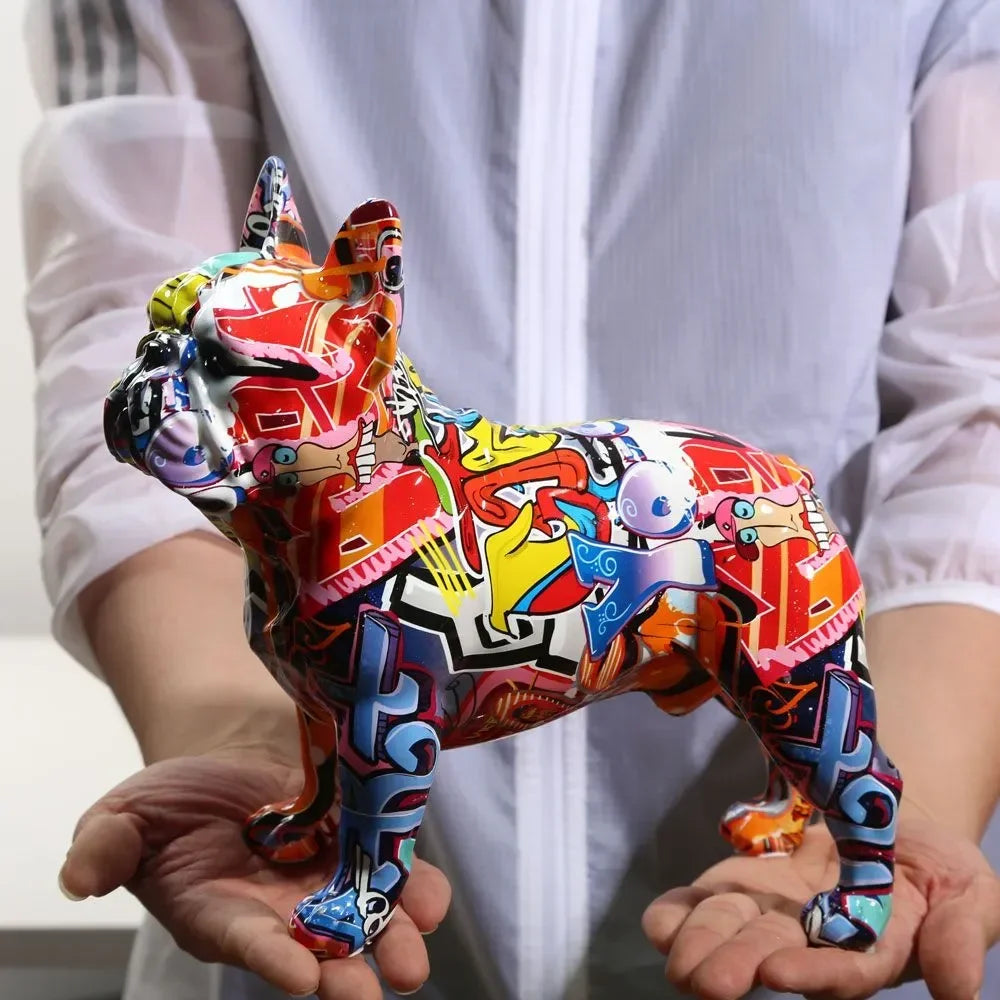Colorful Standing Graffiti Bulldog Statue, Water Transfer Printing Resin Dog Crafts, Home Wine Cabinet Office Desktop Decoration