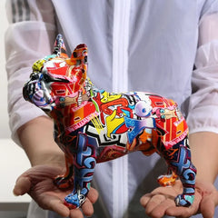 Colorful Standing Graffiti Bulldog Statue, Water Transfer Printing Resin Dog Crafts, Home Wine Cabinet Office Desktop Decoration