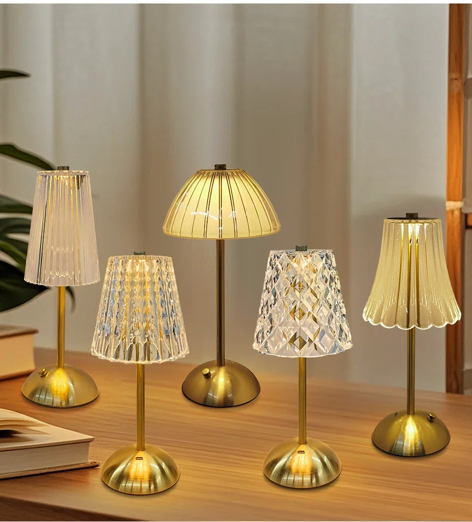 Crystal Led Table Lamp Rechargeable Book Light Night Light for Reading Bedside Bedroom Atmosphere Retro Hotel Bar Decor Dimmable
